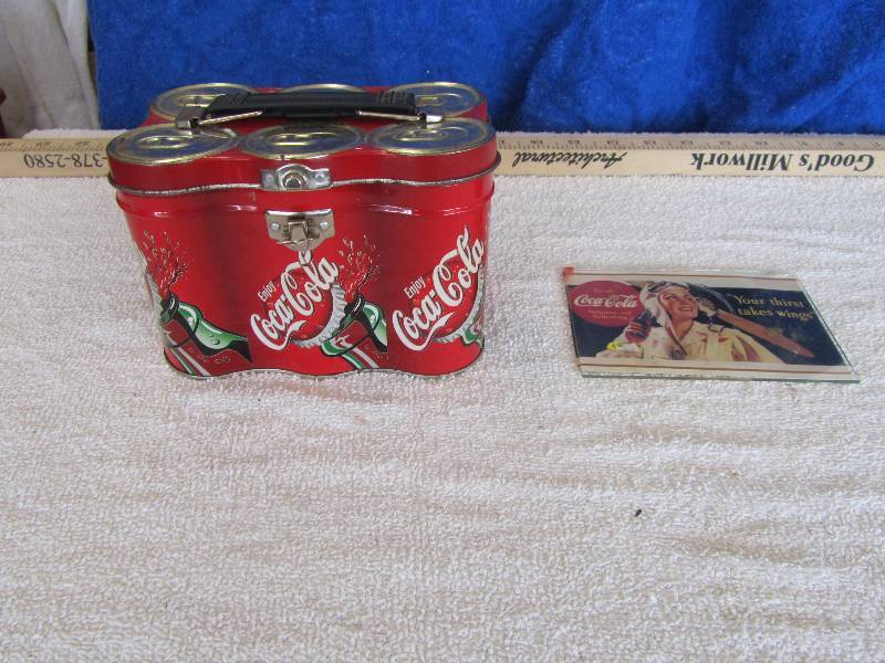 lot 560 image: Coke Metal Box Shaped Like A 6 Pack and Small Sign- Make It Yours