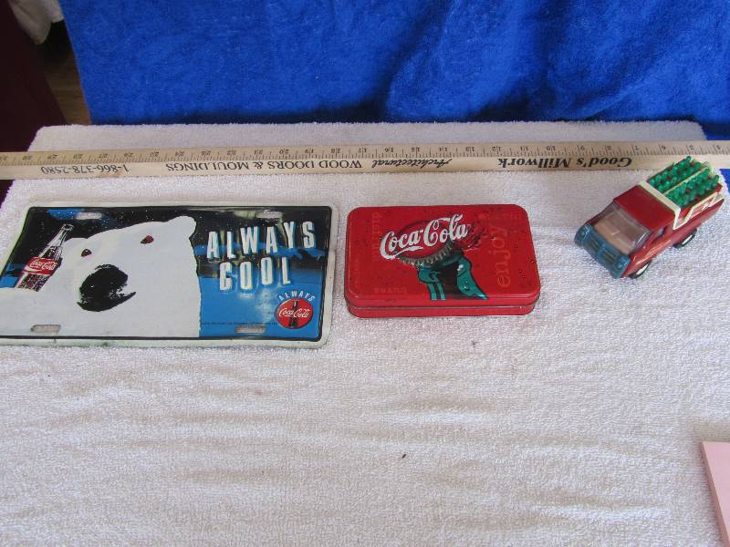 lot 562 image: Coke Platters Signs and a Buddy L Toy Truck With Tiny Cases of Coca Cola Bottles-  Fun Lot