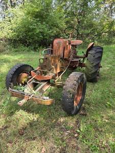 lot 13396 image: Vintage Farm Tractor w Plow Attachment & Large Tires