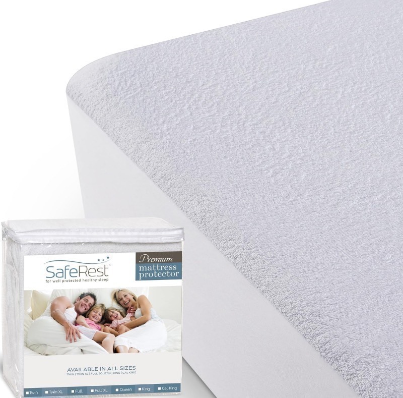 lot 141 image: New SafeRest 100% Waterproof Queen Size Mattress Protector - Fitted with Stretchable Pockets - Machine Washable Cotton Mattress Cover for Bed
