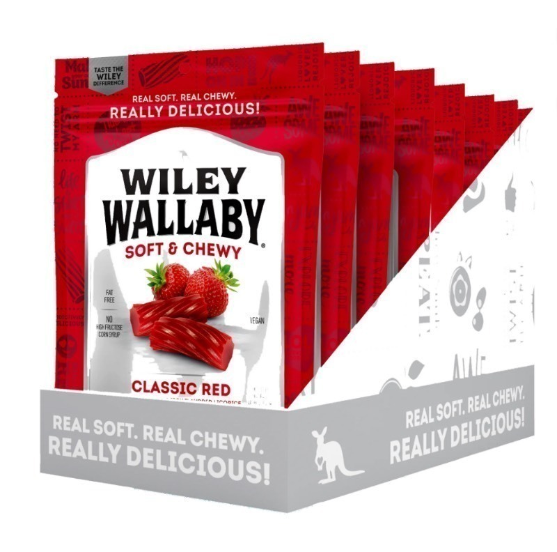 lot 186 image: New Case of Wiley Wallaby Classic Red, Strawberry Flavored Licorice Candy, 7.05 oz. Resealable Bags (12-Pack)