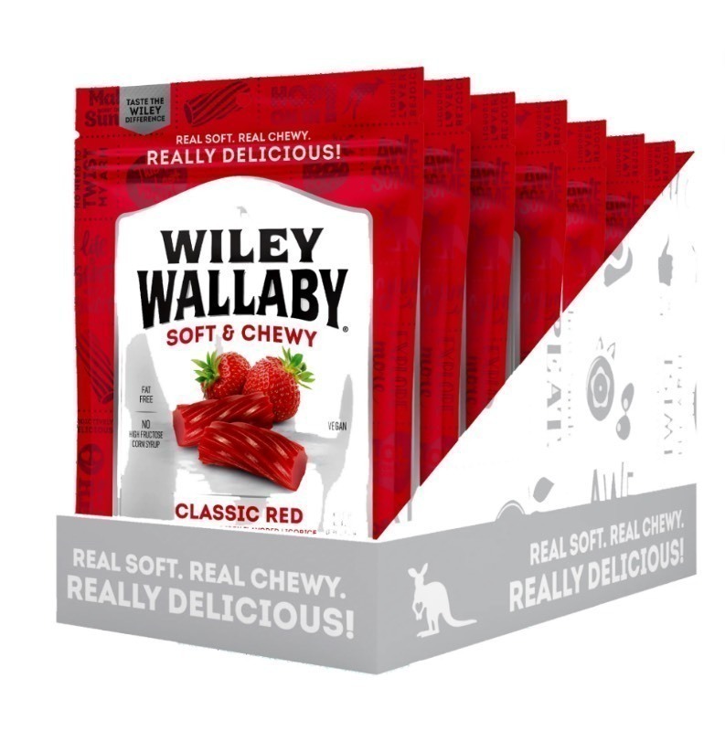 lot 187 image: New Case of Wiley Wallaby Classic Red, Strawberry Flavored Licorice Candy, 7.05 oz. Resealable Bags (12-Pack)