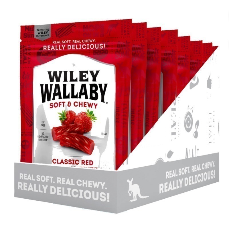 lot 188 image: New Case of Wiley Wallaby Classic Red, Strawberry Flavored Licorice Candy, 7.05 oz. Resealable Bags (12-Pack)