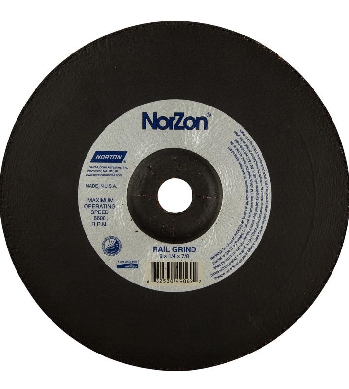 lot 71 image: Norton 9x14x78 in. NorZon III Rail Grind SGZ CAZA Grinding Wheels, Type 27, 20 Grit 66253049069 (4-Pack)