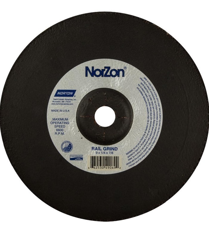 lot 72 image: Norton 9x14x78 in. NorZon III Rail Grind SGZ CAZA Grinding Wheels, Type 27, 20 Grit 66253049069 (4-Pack)