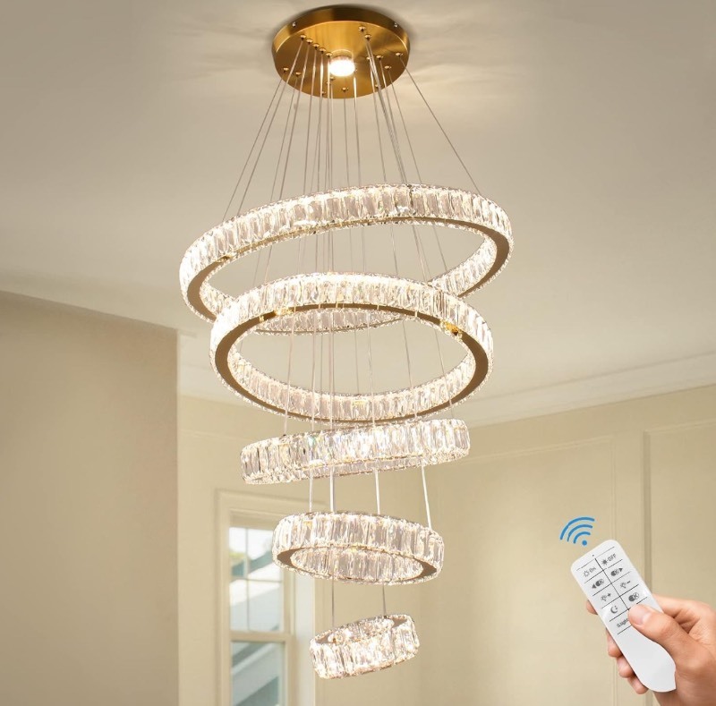 lot 21 image: New Dixun Dimmable LED Chandeliers Big Crystal Chandeliers Modern 5 Rings Pendant Light Adjustable Height Ceiling Lamp for Bedroom Dinning Room Living Room Kitchen (Titanium Gold)
