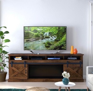 lot 2 image: Bridgevine Home Rustic Farmhouse 94 TV Stand Entertainment Center, Accommodates TVs up to 100 inches, Easy Set Up, Knotty Alder Solid Wood, Aged Whiskey Finish Retail $2,800�