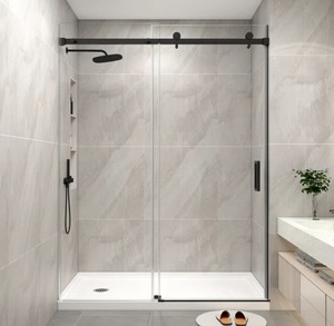 lot 19 image: New KPUY Single 48x70 Sliding Frameless Shower Door w Clear Tempered Glass and Integrated Hook 21124870MB06NP, Matte Black Retail $420