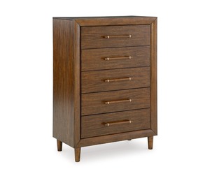 lot 62 image: Ashley Furniture Mid-Century Lyncott 5 Drawer Mango Wood Veneer Chest, Brown Retail $750