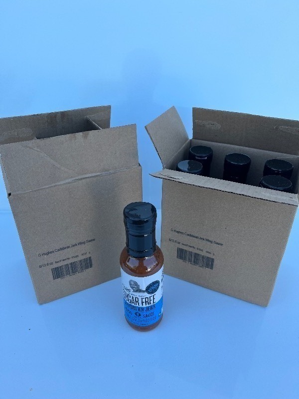 lot 113 image: 2 Cases G Hughs Suger Free CARIBBEAN JERK WING SAUCE - 6 12oz BOTTLES