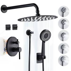 lot 49887 image: LCEVCGK Matte Black Wall Mounted Shower Faucet Set - Complete Bathroom System with 10-inch Rain Shower Head & 5-setting Handheld Head Combo, Shower Valve & Diverter Trim - Retail $89.52