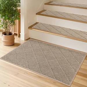 lot 49897 image: COSY HOMEER Edging Stair Treads Non-Slip Corner Indoor Stair Runners for Wooden Steps, Landing Slip Resistant Stair Rugs for Kids and Dogs, 100% Polyester TPE Backing, Beige, 20X32