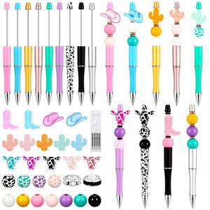 lot 49905 image: Geelin 18 Set Cow Print Beadable Pens Kit with 112 Pcs Wooden Beads and 18 Pcs Refills for Adults