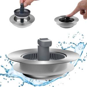 lot 49923 image: Hibbent Upgraded 3 in 1 Kitchen Sink Drain Strainer and Stopper Combo, Stainless Steel Metal Pop Up Sink Stopper, Anti-Clogging Basket with Foldable Handle for US Standard 3-12 Inch Drain