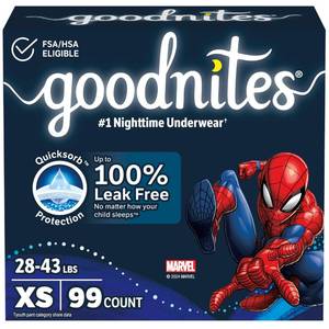 lot 49965 image: Goodnites Nighttime Bedwetting Underwear, Boys XS (28-43 lb.), 99 Ct (3 Packs of 33), Packaging May Vary