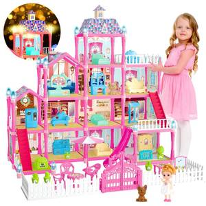 lot 49977 image: Doll House for Girls,13 Rooms Dollhouse with Dolls Figure, Puppies,Furnitures, Accessories, LED Light, Toddler Playhouse Gift for for 3 4 5 6 7 8 9 10 Year Old Girls Toys (Pink)