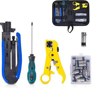 lot 49992 image: KOTTO Coax Cable Crimper Kit - Adjustable Compression Tool for RG6, RG59, RG11 - Includes Coaxial Cable Stripper and 20 F Compression Connectors