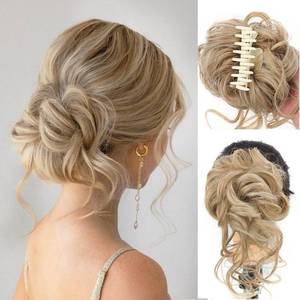 lot 49996 image: WZNBBOY Messy Bun Hair Piece Claw Clip Synthetic Chignon Tousled Updo with Tendrils Hair Extensions Hair Bun Curly Wavy Faux Hair Bun Hair Scrunchies for Women - Medium Blonde
