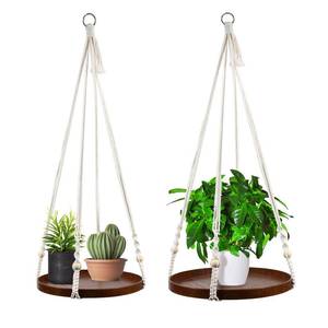 lot 50032 image: E-Know Macrame Plant Hanger - 2 Set Indoor Hanging Planter Shelf - Hanging Planter Rack Decorative Flower Pot Holder - Handmade Cotton Plant Hangers with Wood Tray Boho Home Decor