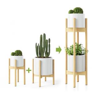 lot 50041 image: 2 Pack Mid Century Modern Plant Stands, Adjustable Width 8 to 12 inches, Indoor Bamboo Plant Stand with 2 Tier Use Method (Pot & Plant Not Included) (Natural)