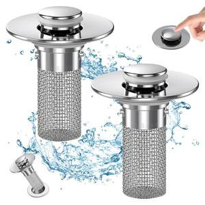 lot 50063 image: Bathroom Sink Drain Strainer, Pop Up Sink Drain Filter with Removable Stainless Steel Filter Basket Hair Catcher, Bathroom Sink Drain Stopper, for Us Bathroom Sink Stopper Replacement (2pcs)