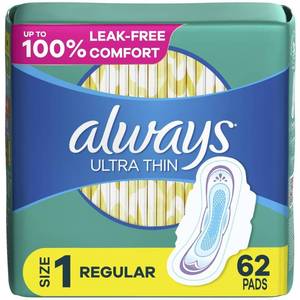lot 50086 image: Always Ultra Thin Pads with Flexi-Wings, Size 1, Regular, Unscented, 62 CT