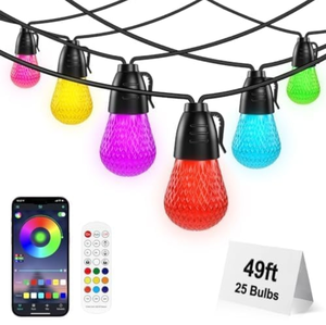 lot 50087 image: Outdoor String Lights, 49FT RGB Patio Lights with IP66 Waterproof 25 Bulbs,Outdoor String Lights for Outside with App & Remote, Color Changing String Light for Garden Yard Porch Party Decor