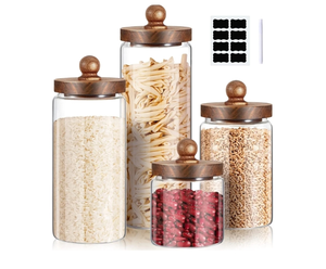lot 50107 image: Gerrii Glass Storage Jars Set of 4, Clear Food Storage Containers with Wooden Lids Airtight Kitchen Canisters with Sticker and Chalk for Candy Cookie Rice Sugar Flour Pasta Nuts Beans Spice, 4 Sizes
