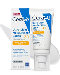 lot 50125 image: CeraVe Ultra-Light Moisturizing Lotion With SPF 30, Daily Face Moisturizer with SPF, Formulated with Hyaluronic Acid & Ceramides, Broad Spectrum SPF, Oil Free, Matte Finish, 1.7 Ounce
