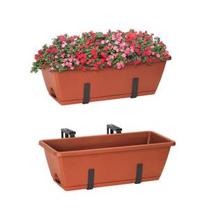 lot 1833 image: SZJUANWANG Railing Planter Box, 2 Pack Deck Hanging Planters for Railings, 16.9 Inch Balcony Planters Railing Hanging with Metal Brackets, Black and Red