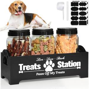 lot 1863 image: Dog Treat Container Dog Food Container for Dog Food Storage, Farmhouse Cat Food Container Pet Food Storage Organizer, Wood Dog Treat Holder with 3 Plastic Cat Dog Treat Jars, Black Cat Treat Container