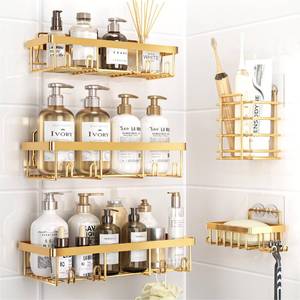lot 1866 image: Liuoud 5 Pack Shower Caddy Organizer Rack Shelf for Inside Shower, Self Adhesive Wall Storage Basket Rustproof Stainless Steel Shampoo Holder Bathroom Accessory Decor Set, Gold
