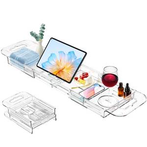 lot 1880 image: Expandable Drain Bath Caddy Tray for Tub, YOCOMEY Multifunctional Acrylic Bathtub Tray Bathroom Organizer, Simple Bathtub Table Trays Storage Rack for Candle Towel Book Wine Phone Shower(Clear)