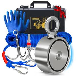 lot 1894 image: Logui Projects 1200 LB Magnet Fishing Kit with Case - 2 Fishing Magnets in 1 (Double Sided Magnet) - with Grappling Hook, Heavy Duty 65FT Rope, Gloves, Carabiner and Foldable Bucket.