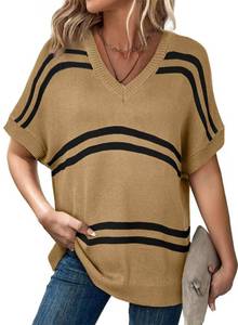 lot 2032 image: SHEWIN Womens Sweaters Causal Cute Tops for Women Loose Knit Crew Neck Striped Short Sleeve Sweater Lightweight Pullover Top Brown Large