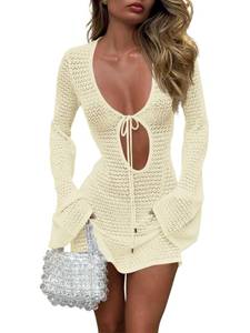 lot 2040 image: Saodimallsu Womens Crochet Swimsuit Cover Up Long Bell Sleeve V Neck Tie Mesh Knit Summer Beach Dress Vacation Outfits Beige L