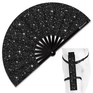lot 2041 image: Raveahem Glitter Large Rave Folding Clack Hand Fan with holster for menwomen Handheld Fan for EDM,Festival,Club,Party,Dance (Blk)