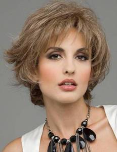 lot 2050 image: TISHINING Brown Short Pixie Cut Wigs for White Women Brown Mix Blonde Wavy Layered Wig with Bangs Synthetic Natural Looking Daily Party Wig