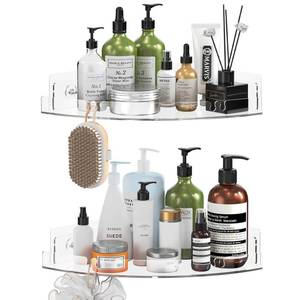 lot 2111 image: Durmmur 2 Pack Acrylic Corner Shower Caddy, Clear Corner Shower Shelf with 4 Hooks, Adhesive Wall Mounted Bathroom Shower Shelf Organizer for Inside Shower & Kitchen Storage