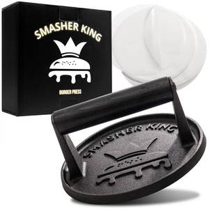 lot 2117 image: SMASHER KING�� - Premium Cast Iron Smash Burger Press incl. 25 pcs of Patty Paper, Burger Smasher for Griddle with Black Wood Handle, Perfect Hamburger Press
