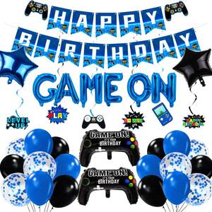 lot 2120 image: Video Game Birthday Party Decorations - 36 Pcs Navy Blue Game On Theme Birthday Party Supplies Happy Gaming Banner, Hanging Swirls, Balloons and Foil Gamer Balloons for Boys