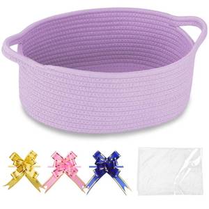 lot 2126 image: COMSE Small Woven Basket with Gift Bags and Ribbons, Gift Basket Empty, Cotton Rope Storage Organizer, Baby Toy Box with Handles, 12 x 8 x 5, Purple