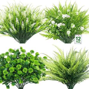 lot 2138 image: TURNMEON 12 Bundles 4 Styles Fake Plants Artificial Plants Outdoor Summer Decor, Fake Flowers Outdoor Faux Plants UV Resistant Boston Fern Lavender Plastic Plant Greenery Shrubs Outside Gardens Home