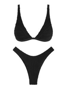 lot 2139 image: ZAFUL Bikini Sets for Women Triangle Textured Plunging High Cut Cheeky Bikini Swimsuits Two Piece Bathing Suits (0-Black, S)
