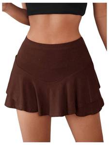 lot 2157 image: WDIRARA Womens High Waist Ruffle Hem Skort Stretch Casual Skirt Shorts Coffee Brown Solid M