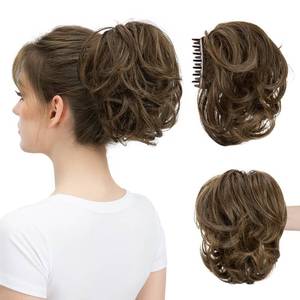 lot 2164 image: youngways Claw Clip Short Ponytail Messy Bun Hair Piece Bendable Hair Branch Extensions Fluffy Wavy Curly Synthetic Versatile Coffee Brown Hairpieces