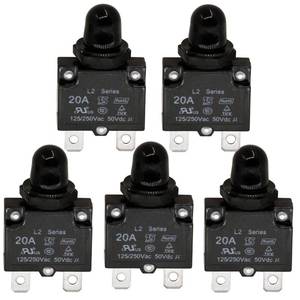 lot 2165 image: RKURCK AC 125250V Push Button Reset 20A Circuit Breakers Thermal Overload Protector with Quick Connect Terminals and Waterproof Button Black Cap(5 Pcs