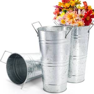 lot 2205 image: ZOOFOX 3 Pack Large Galvanized Metal Vases, 11 Inch Farmhouse French Flower Bucket Vase with Handles, Metal Floral Container for Cut Flowers, Flowers Arrangements, Table Centerpiece Wedding Decor