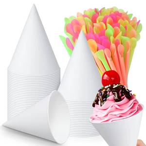 lot 2209 image: Eaasty 100 Pcs Snow Cone Cups and Straws - 4.5 oz Disposable Cone Paper Cups with Spoon Straws for Slush, Shaved Ice, Cream, Sorbet, Water