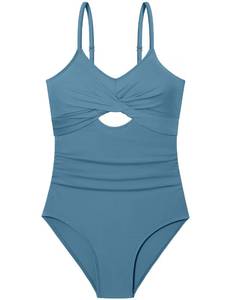 lot 2220 image: WIQI Bathing Suit for Girls Size 12-14 Swimsuit One-Piece Twist Front Cutout Adjustable Straps Ruched Teen Girls Swimwear Cute Swimsuits Grey Blue